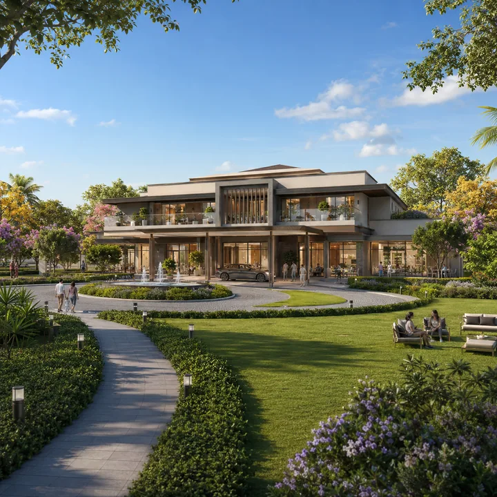 Address Maker Apollo gated-community clubhouse exterior with landscaped forecourt and fountain