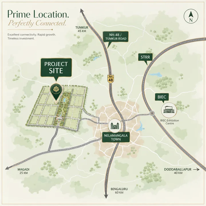 Address Maker Apollo location map showing NH-48, Nelamangala Town, STRR and BIEC connectivity