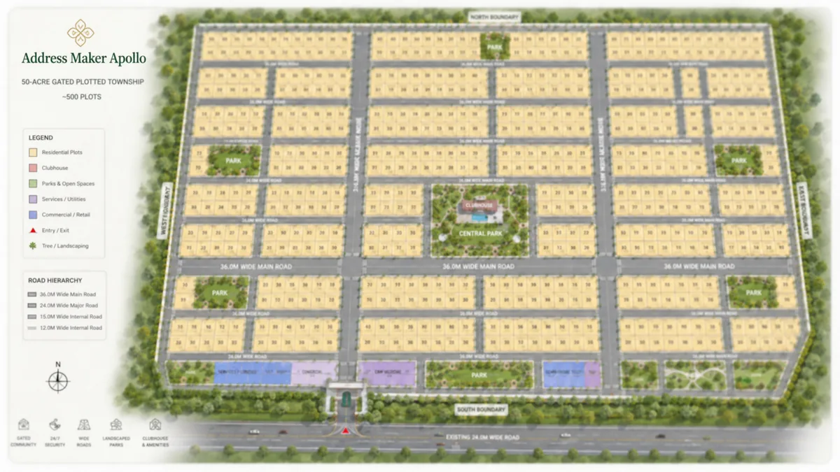 Address Maker Apollo master plan of the 50-acre gated plotted township with legend and road hierarchy